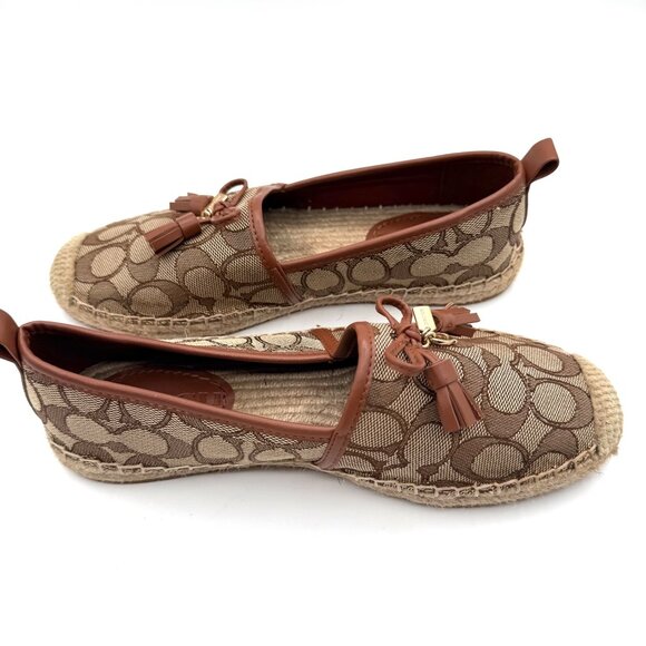 COACH Signature Espadrilles Sz 6B Tan Logo Canvas Bow Tassel Slip On Flats - Picture 5 of 8